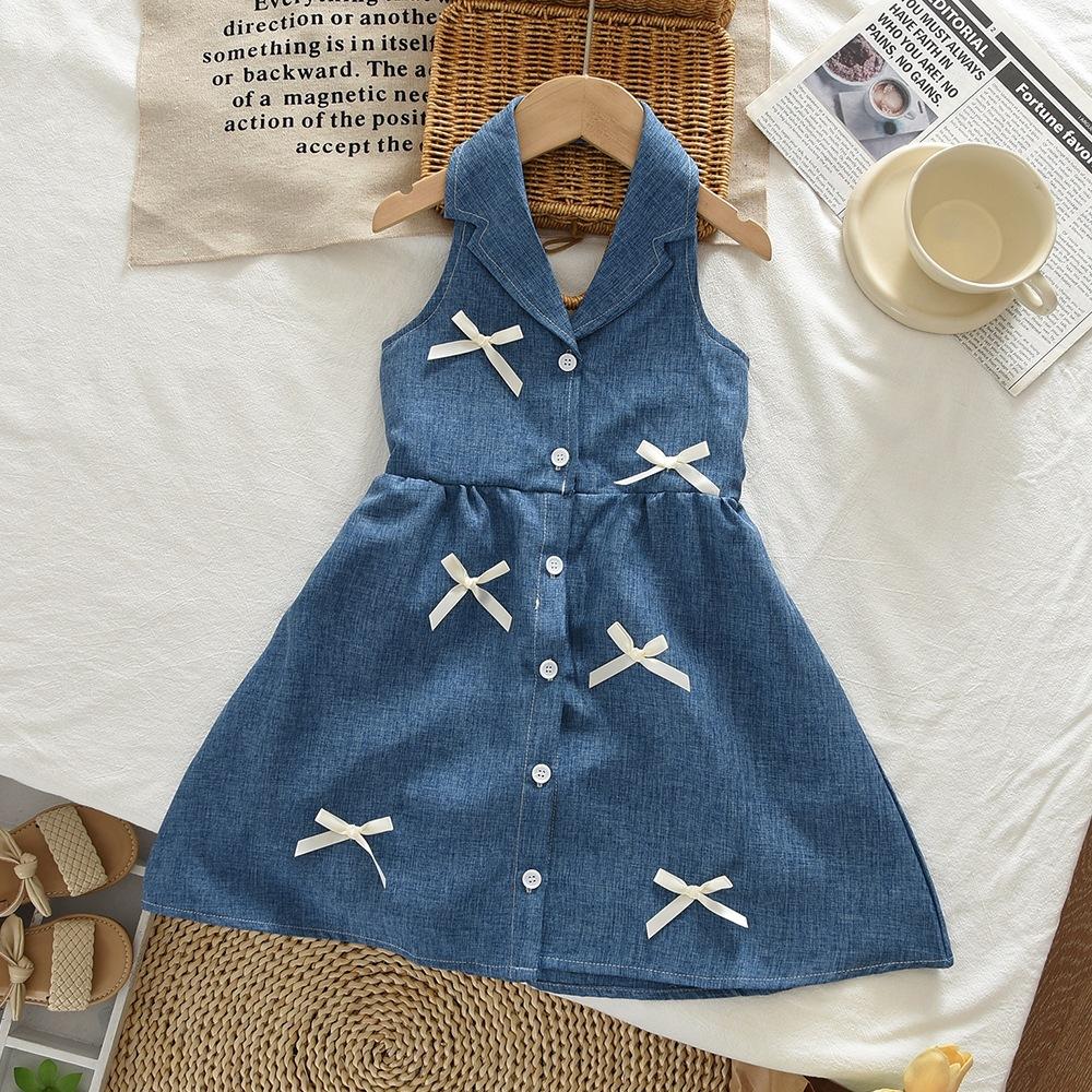 Cute Denim Halter Dress For Girls With Bow Tie Stylish Summer Baby Girl Fashion Dress 100cm