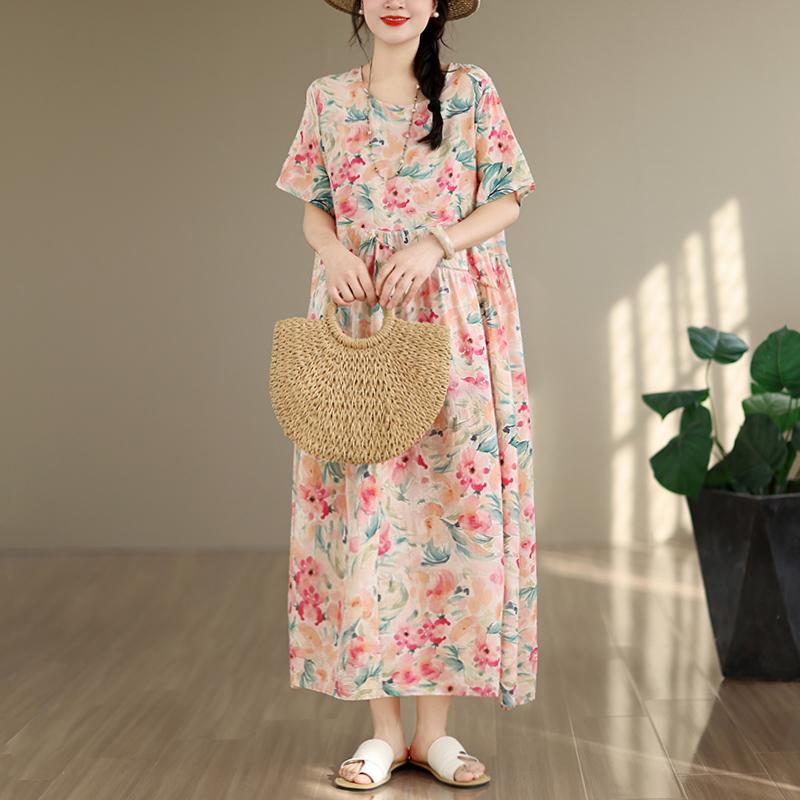 DIMANAF New 2026 Sundress Women Plus Size Summer Casual Print Long Dress Cotton Loose Oversize Maxi Floral Beach Holiday