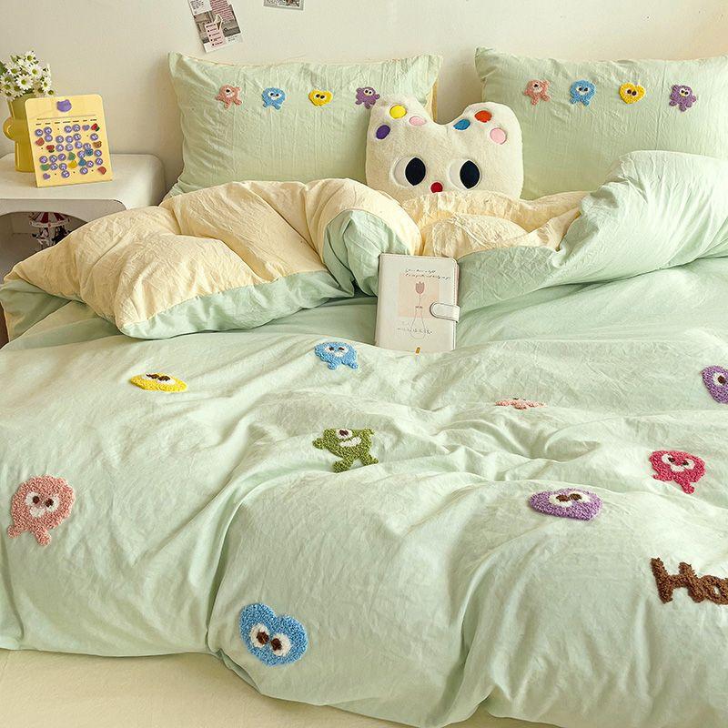 Gu Ling Wei Washed Cotton Four-piece Set Cartoon Dopamine Quilt Cover Sheet Dormitory Three-piece Set