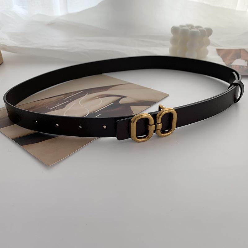 Womens Genuine Stylish Leather Vintage Versatile Double Layer Cowhide Belt Black