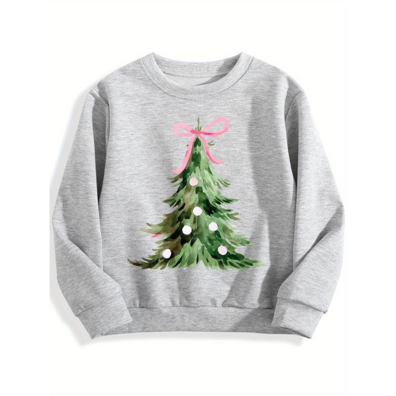 Kids Black Crewneck Sweatshirt, Christmas Tree Print With Pink Bow, Casual Pullover