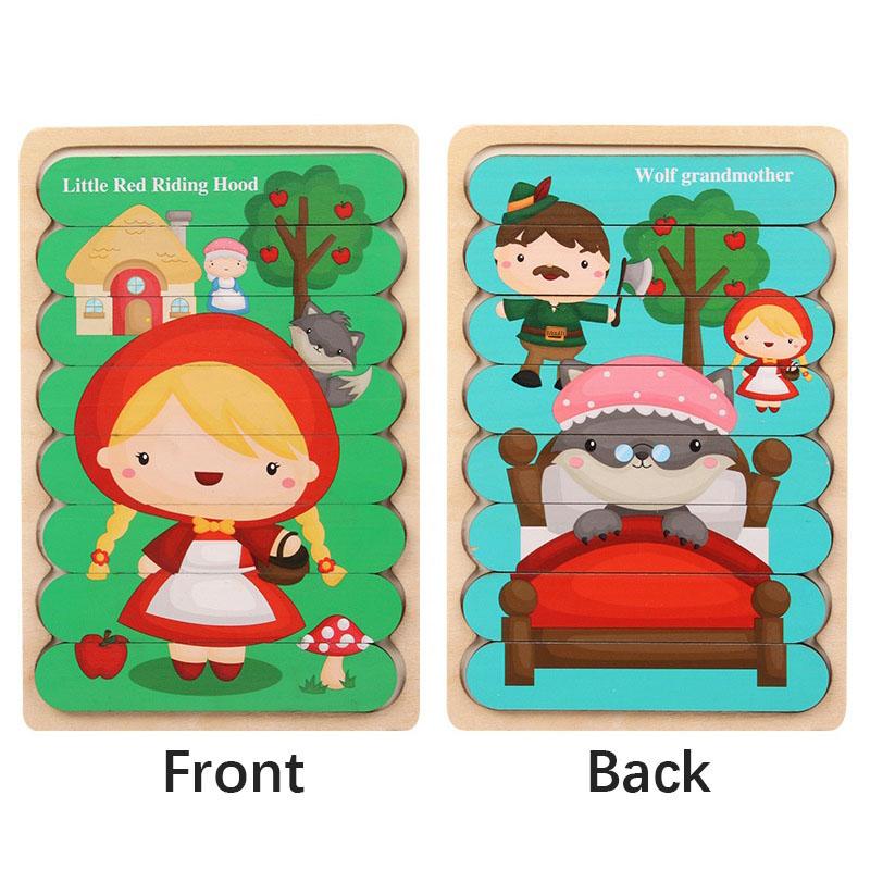 Cartoon Animal Double-sided Strip Wooden Puzzles Kids Montessori Jigsaw Game Baby Educational Toys for Children