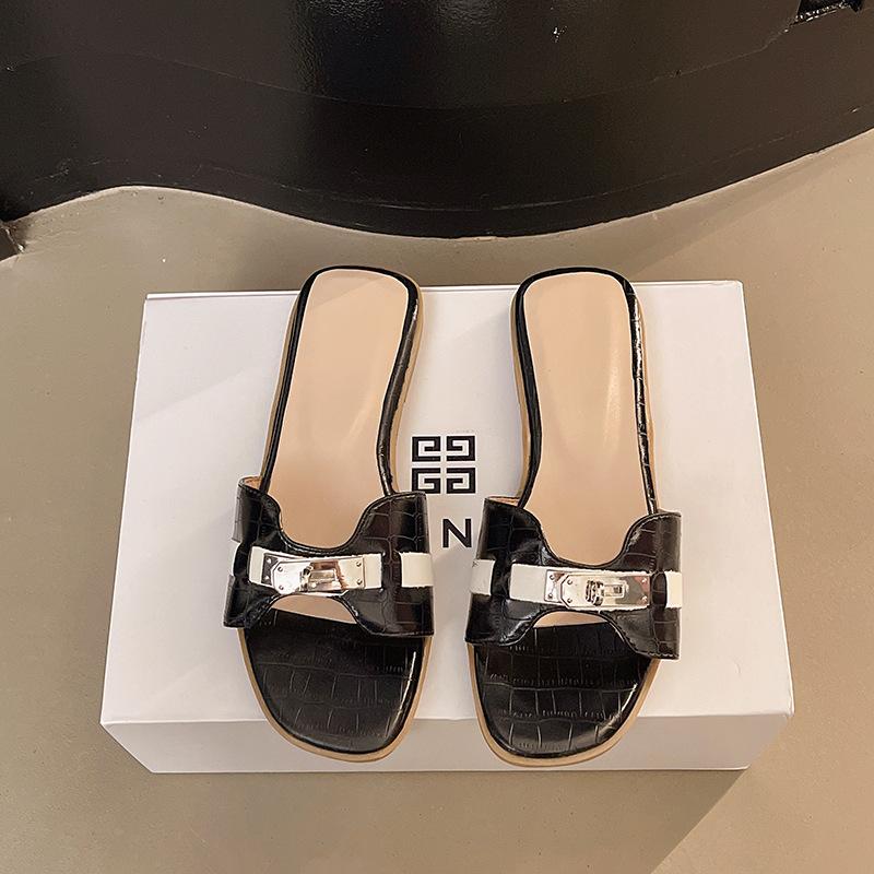 High-end Crocodile Pattern White High-heeled Cool Slippers Women's 2025 Spring and Summer Open-toed Small Gold Buckle One-word Thick-heeled Sandals