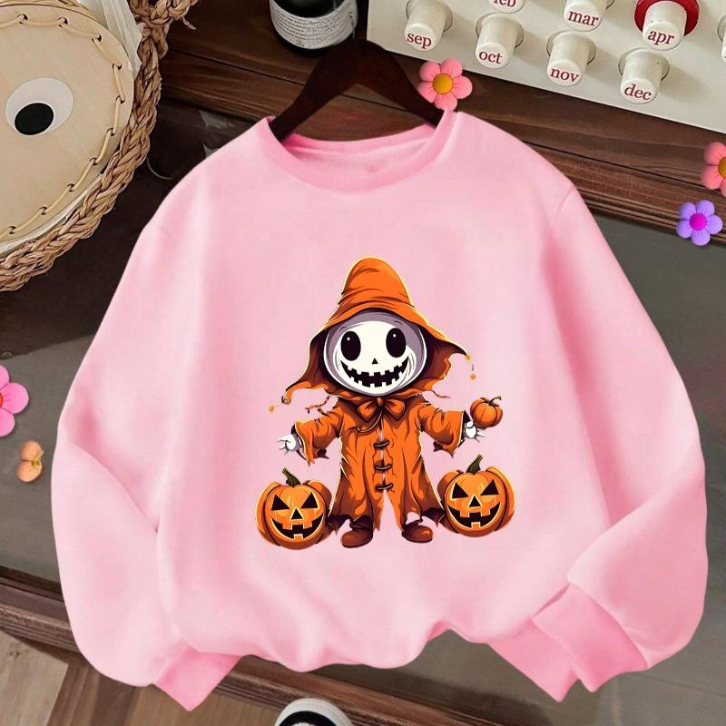 Kids Crewneck Sweatshirt, Halloween Cute Pumpkin Figure Print, Casual Tops for Fall & Winter 110