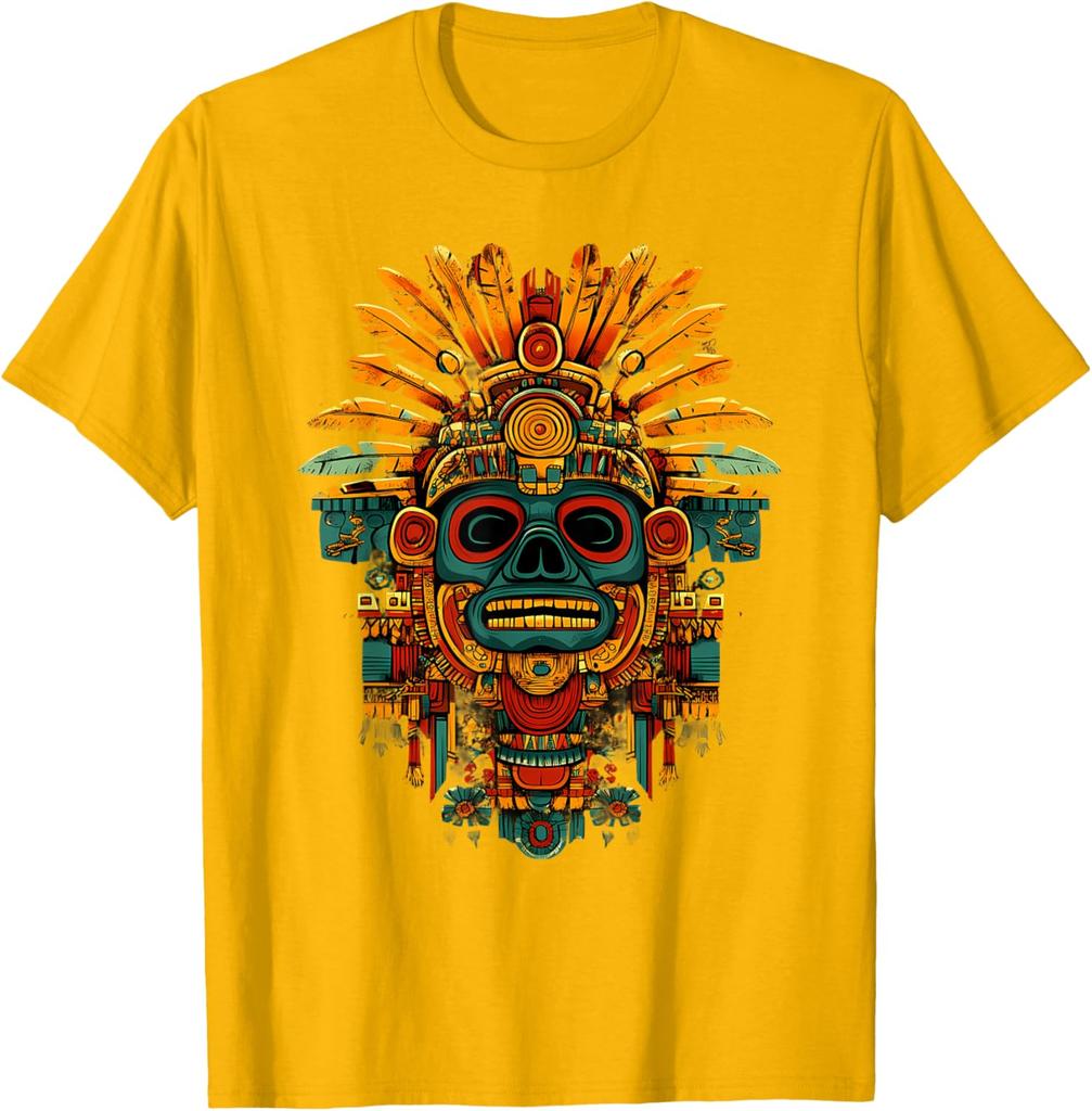 Aztekischer Maya Gott Schädel Kopfschmuck Grafik T-Shirt Herren Atmungsaktiv Kurzarm T-Shirt Lässiger Ausflug