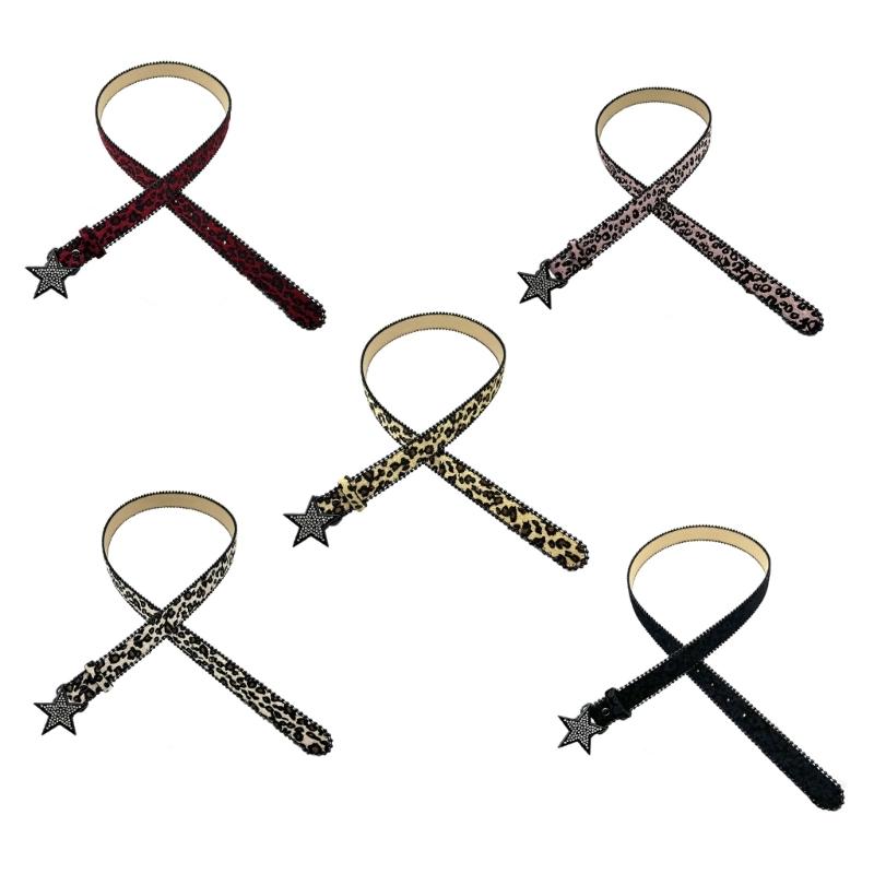 Leopard Print Belt Rhinestones Star Buckles Waistband Fashionable Waist Belt for Trendy Outfits