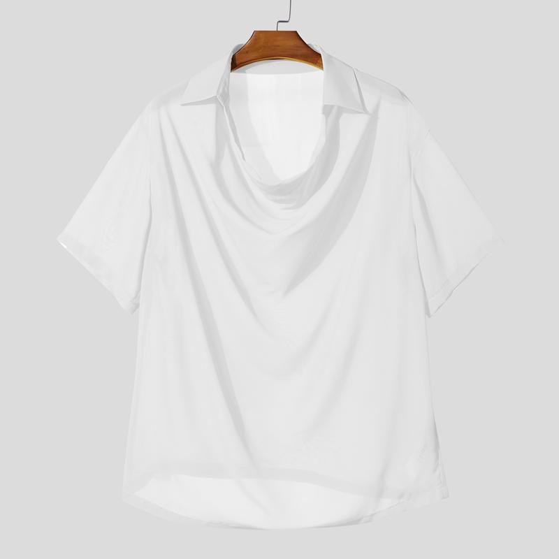 INCERUN Summer Men Swing Collar Short Sleeve Mesh See Through Hollow T-shirts Tops