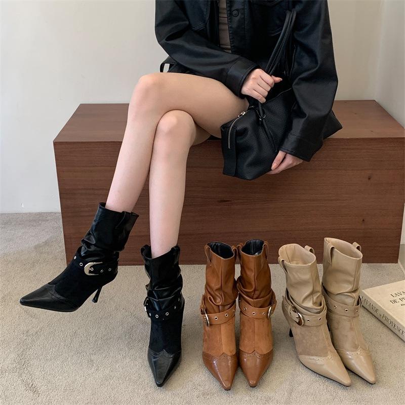 Rich autumn and winter new retro pointed fashion medium boots splicing belt buckle sleeve wrinkled stacking boots
