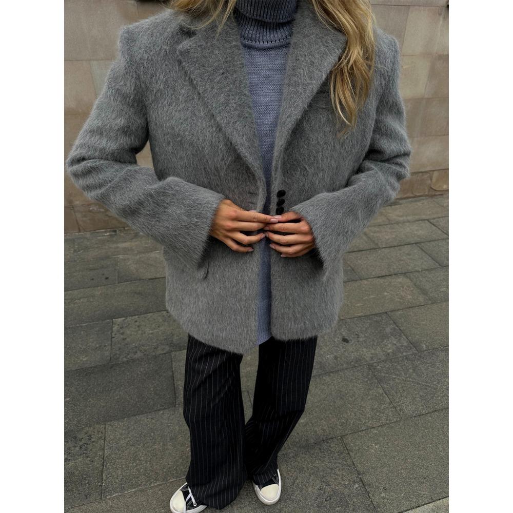 Blazer de lână roz pentru femei, haină elegantă, cu mâneci lungi, cu buzunar, cu un singur sân, haine de îmbrăcăminte pentru femei