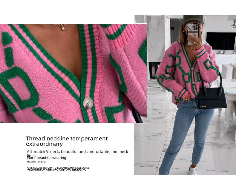 2023 Herbst & Winter Lockere einreihige Strickjacke mit V-Ausschnitt und europäischer und amerikanischer Handtuchstickerei