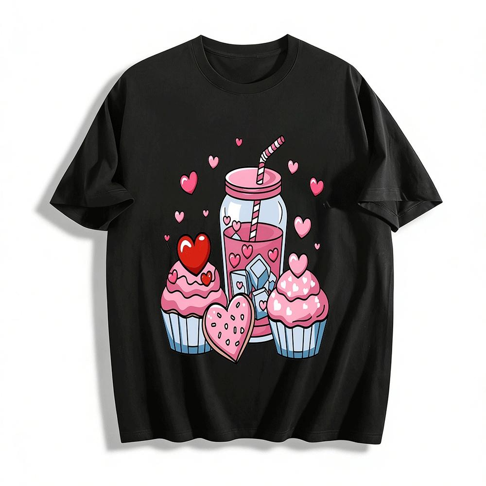 Valentine s Day Love Dessert Drink Print Casual Top Pure cotton T-shirt XXS