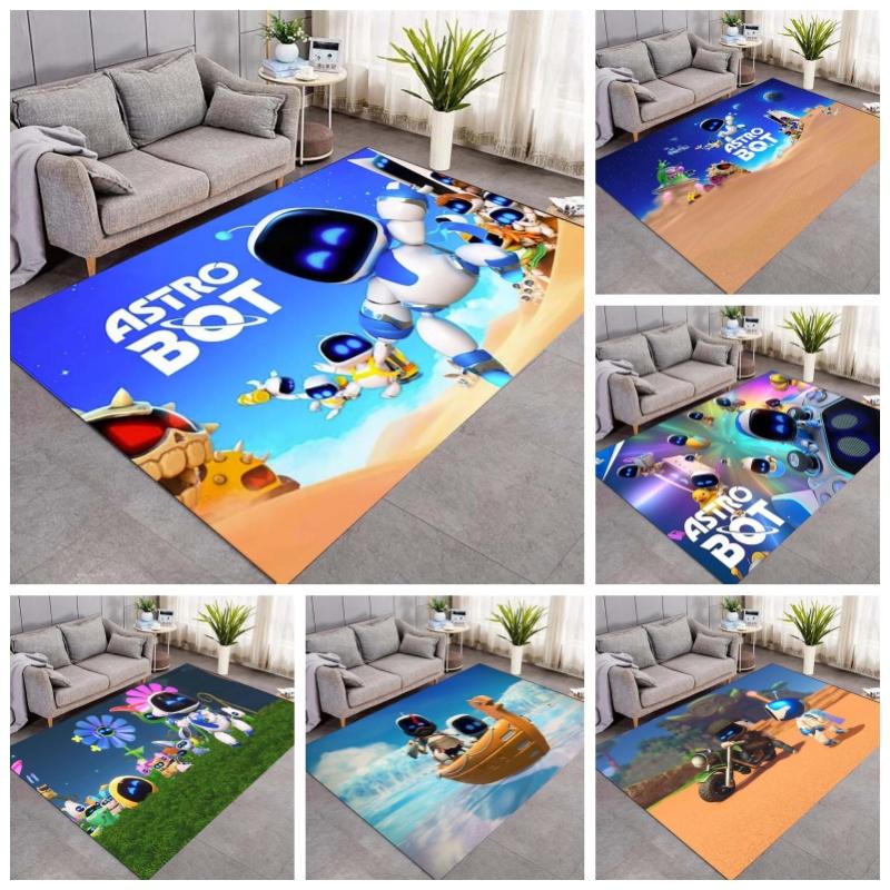 Astro Bot Game Area Rug, Desert Scene Robot Characters Print Floor Carpet for Gaming Room Living Room Bedroom Decor