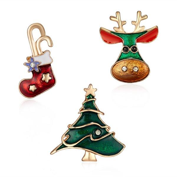 Cute 3 Pcs/Set Cartoon Christmas Brooch Set Pin For Women Girl Tree Santa Claus Elk Collar Lapel Badge With Card Jewelry Gift