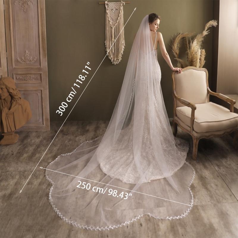 Wedding Veil with Comb Delicate Leaves Embroideries One Layer Long Drop Illusion Tulle Cathedral Length Chapel Veils