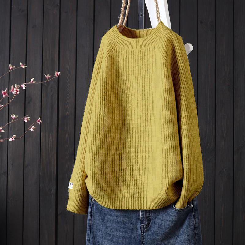 2024 Autumn/Winter Women's Round Neck Loose Knit Sweater: Simple Solid Color, Long-Sleeved Pullover