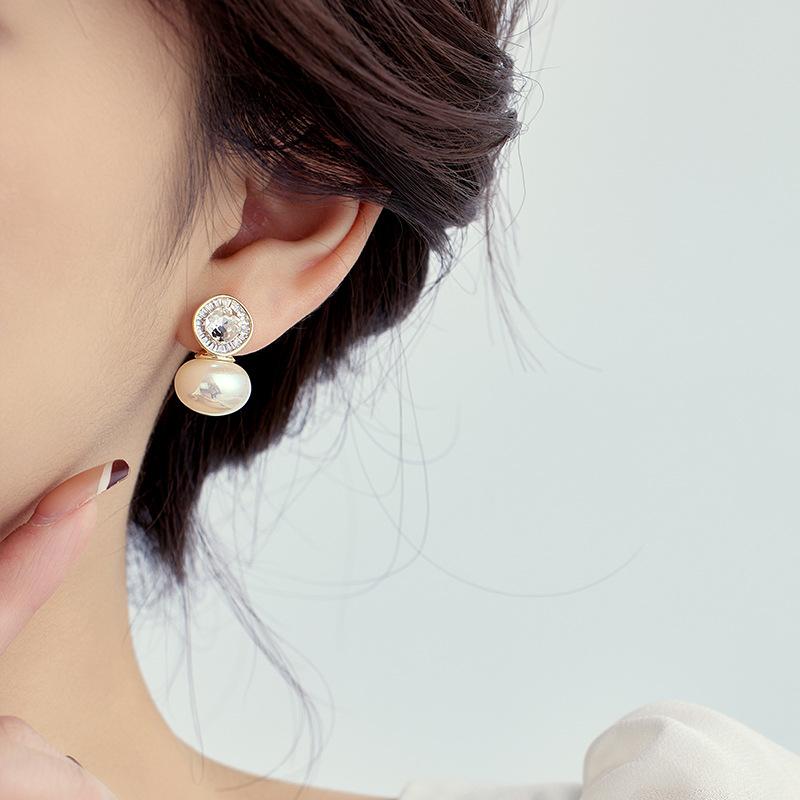 Rhombus Zircon Pearl Stud Earrings High-End Sense Niche Fashion Light Luxury Temperament Earrings Women'S Earrings