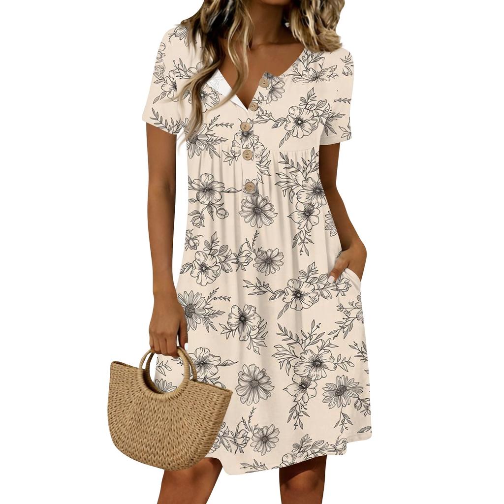 Women’s Vintage Floral Print Short Sleeve Button Neckline Casual Dress with Crew Neck and Relaxed Fit for Everyday Wear