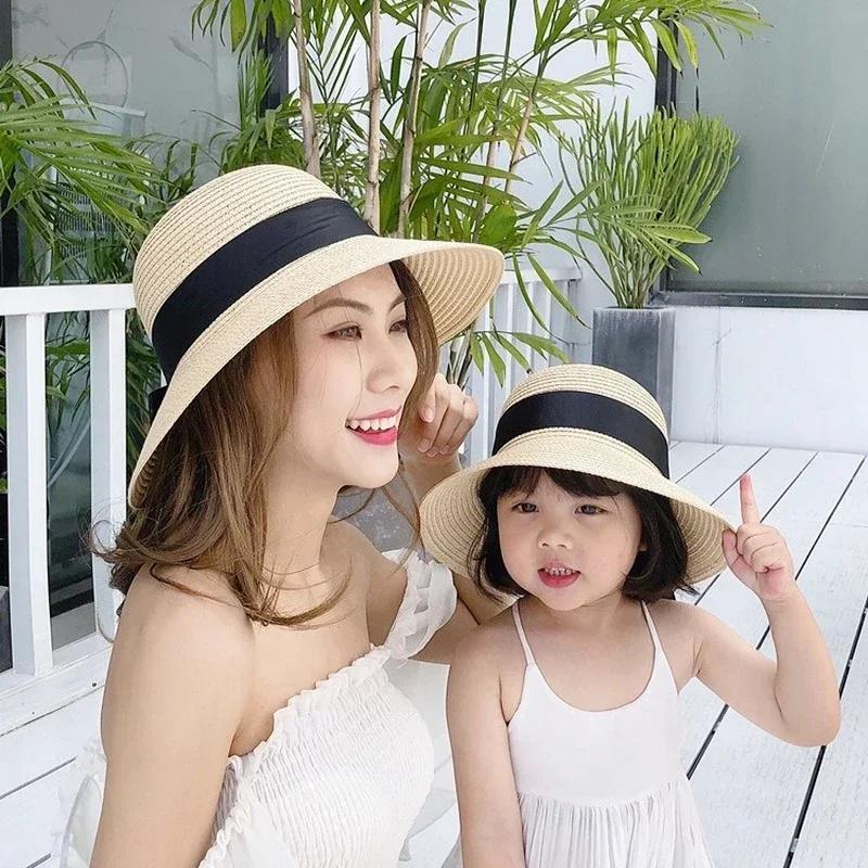 2pcs Summer Sun Protection Hat for Mother&Kids Travel Sunscreen Sun Hat Straw Hat Children's Korean Version Girls Beach Dome Hat