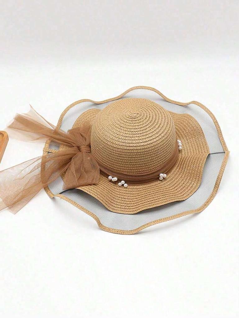 Womens Summer Wide Brim Sun Hat With Wave Mesh And Bow For Beach Travel Sun Protection