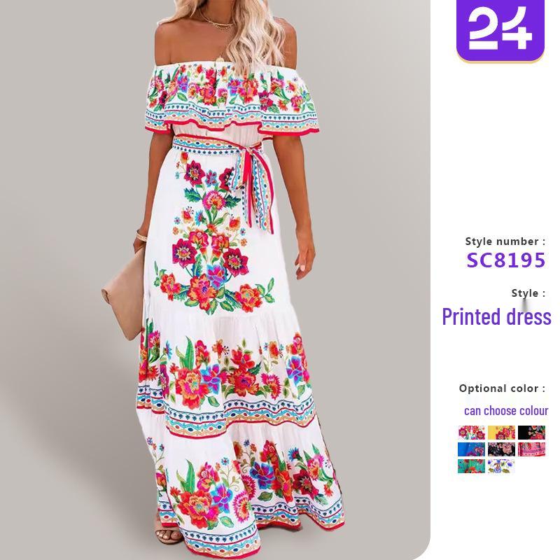 

2025 Spring/Summer Red Floral One-Shoulder Swing Dress XXL синий