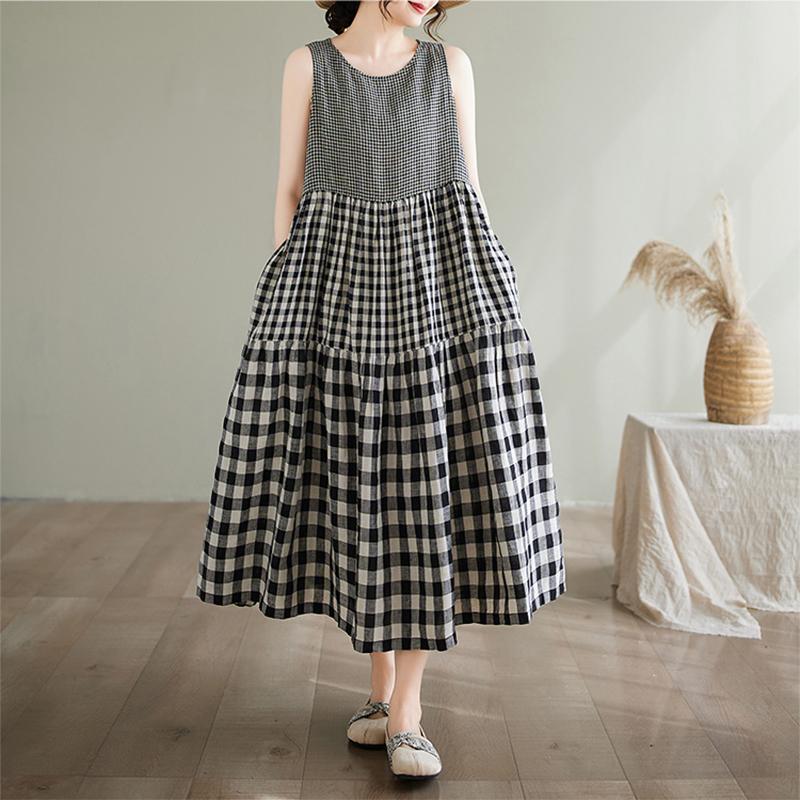 

ZANZEA Womens Casual Round Neck Summer Grid Print Sleeveless Dress S чорний