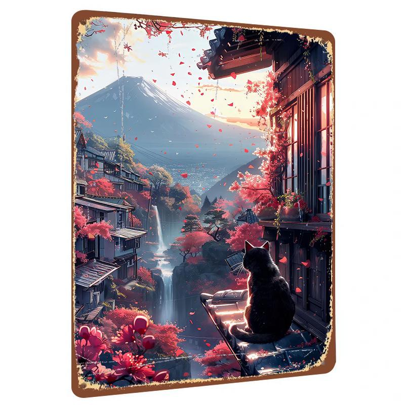 

Japanese Town Cherry Blossom Season Cat Viewing Mount Fuji Metal Iron Painting Home Decor Wall Hanging 20x30cm（7.8x11.8inch）