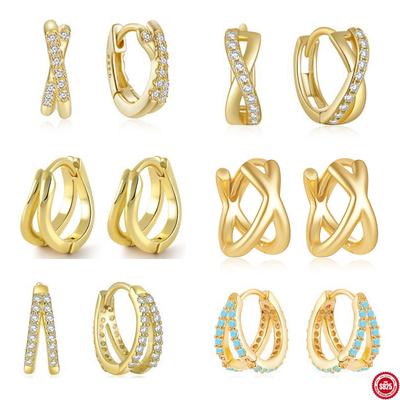 S925 Sterling Silver Double Row Cross Diamond Earrings Diamond Zircon Turquoise Ear Buckles Women'S Earrings Personality Trend Earrings
