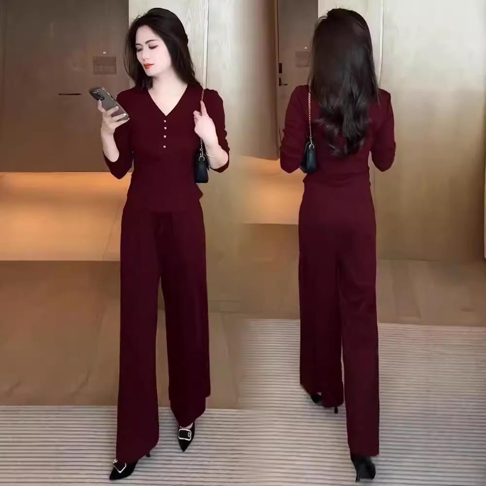 Autumn 2025 Women's Trendy Slimming V-Neck Top & Wide-Leg Pants Set