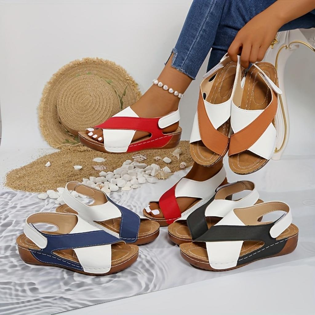 Women's Color Blocking Slope Heel High Heel Sandals, Casual Open Toe Thick Bottom Shoes, Comfortable Ankle Strap Sandals
