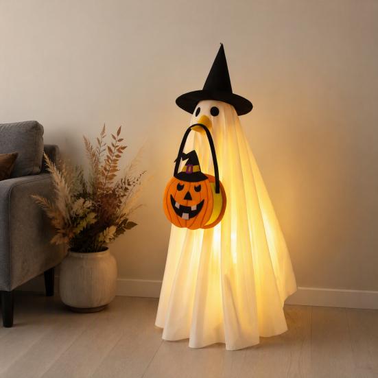 Luminous Witch Costume for Girls Halloween Glowing Ghost with Hat & Pumpkin Tote Bag, LED Holiday Photo Prop Outfit Light Up Fabric Kids, Spooky
