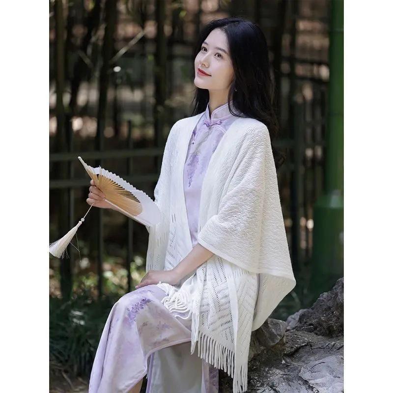 Artistic Tassel Knit Qipao Cardigan Cloak: Versatile Solid Color Shawl Women’s Coat