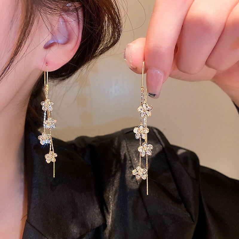 Flower Long Dangle Drop Earrings For Women Shiny Full Zircon Hanging Earring Summer Fashion Ear Jewelry For Party Wedding K0