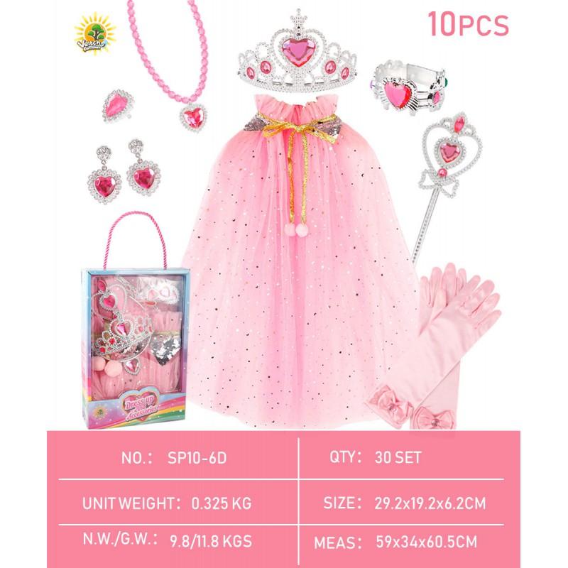 Girls Princess Dress Up Set Cape Wand Crown Jewelry 6pcs Kids Pretend Play Toys
