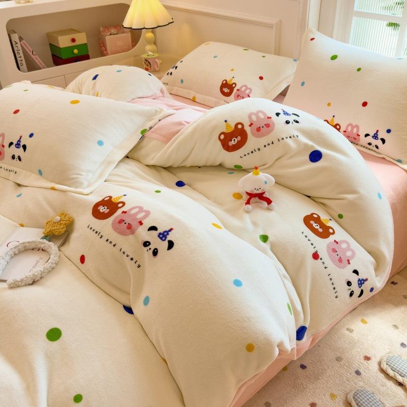 Thickened Milk Fleece Four-Piece Set, Coral Flange Double-Sided Fleece Quilt Cover, Bed Sheet, Bed Hat Three-Piece Set