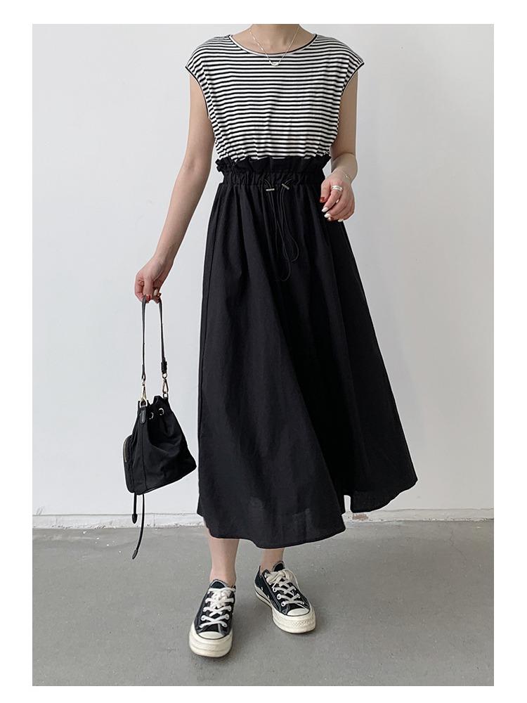 Women Summer High Waist Loose Patchwork Bud Dress Japanese Style Flowy Comfortable Dress Lightweight High Recognition Elegant Flattering Chic Dress