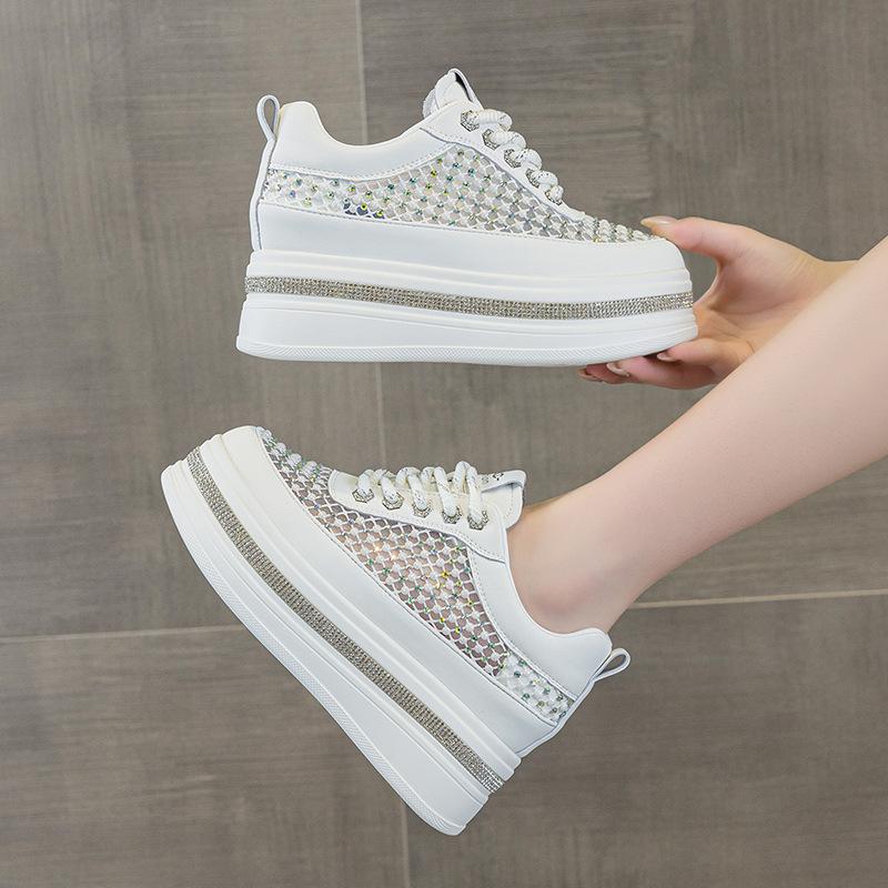 Summer new thick-soled inner height increase 8 lightweight versatile rhinestone breathable mesh women's thin casual shoes