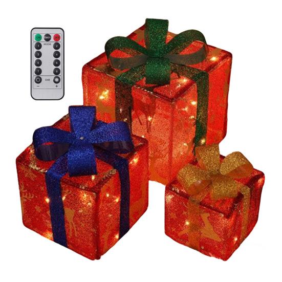 3 Stück Weihnachtsgeschenkboxen mit Beleuchtung und Schleife LED Leuchtende Geschenkboxen für Innen- und Außenbereich Zuhause Veranda Weihnachtsbaum Partydeko