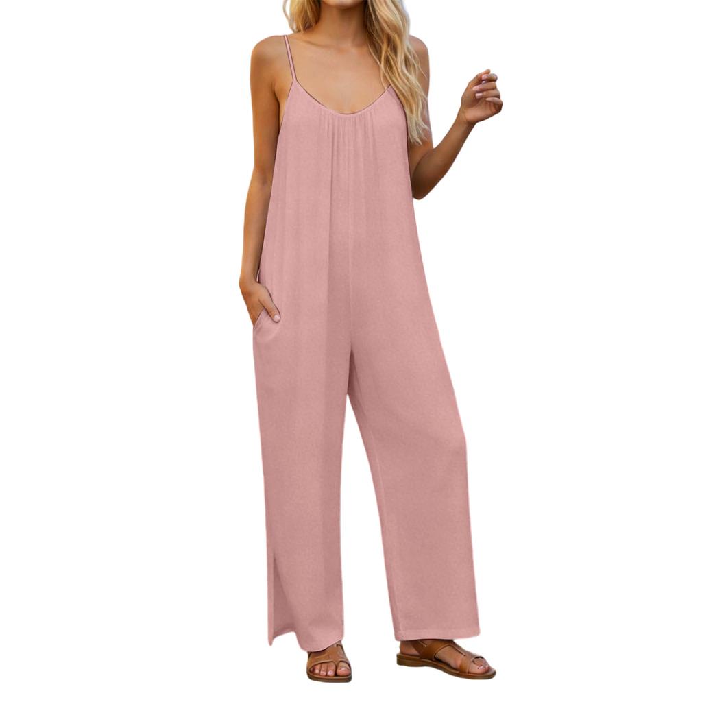 Women's  V-neck Waist Cinched Fashionable Jumpsuit Wide Leg Pants