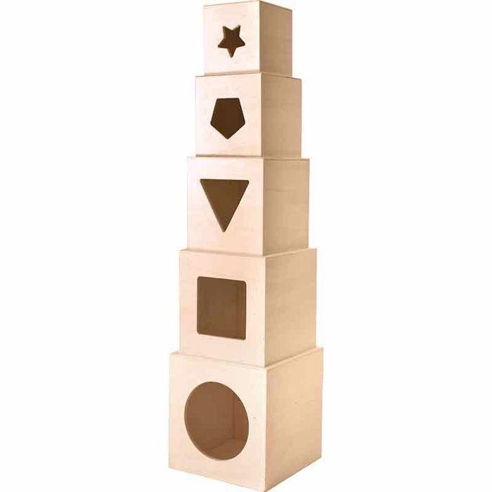 Cubes empilables - Bois - 5 pièces - Personnalisables - Dimensions de 6,5 à 12 cm - Décoration créative