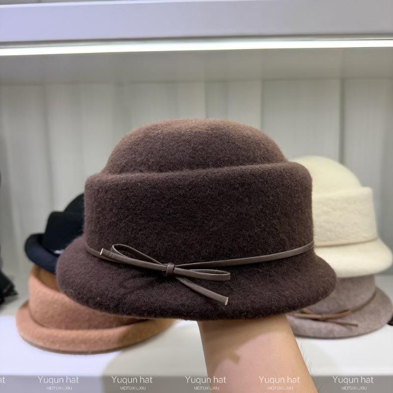 Qianjin wind concave top shape wool top hat women's autumn and winter bow crimped basin hat temperament fashion hat fisherman hat