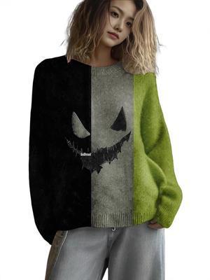 Suéter de Halloween con Cuello Redondo de Diablo y Calabaza - WQ0905