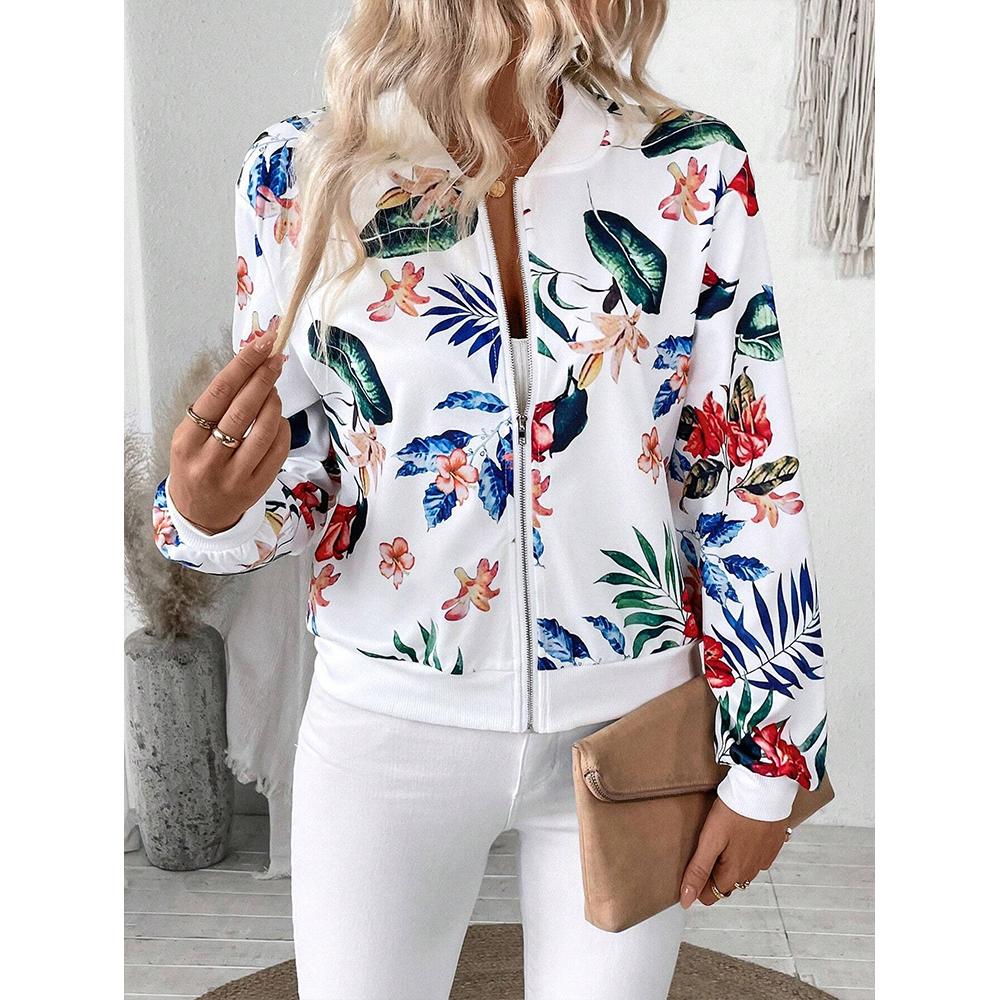 Women's Baseball Jacket Floral Long Sleeve Zip Up Baseball Bomber Jacket Coat