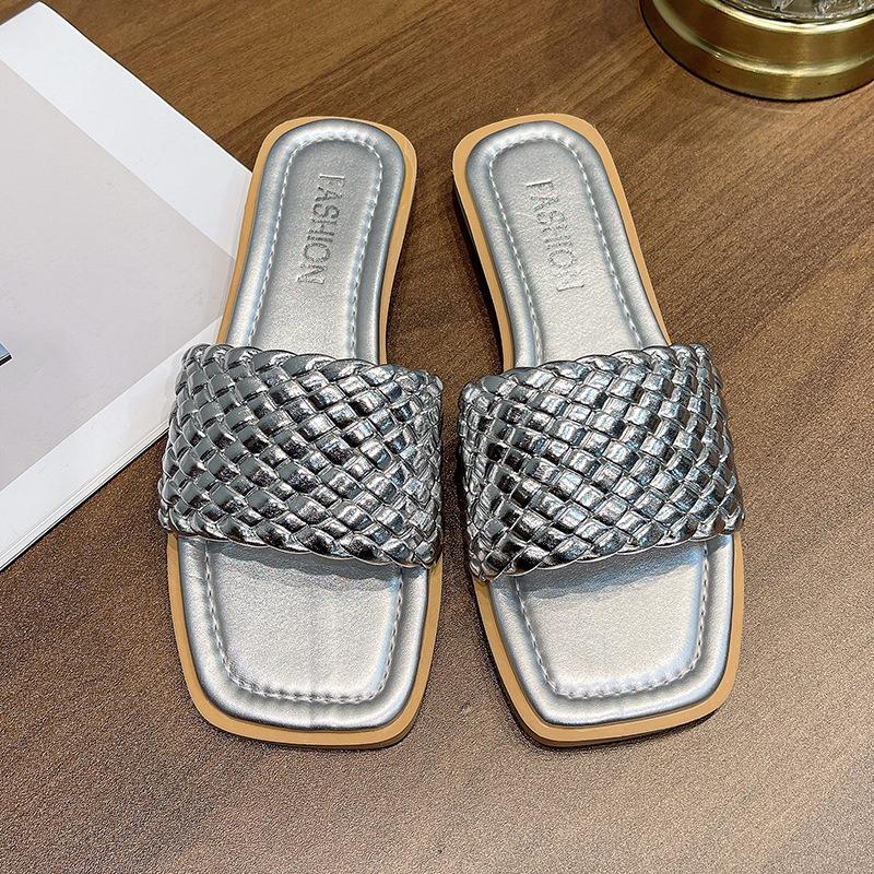 Women's Summer Flat Square-Toe Breathable Woven Slide Sandals, French Style Beach Casual Footwear For Dresses.
