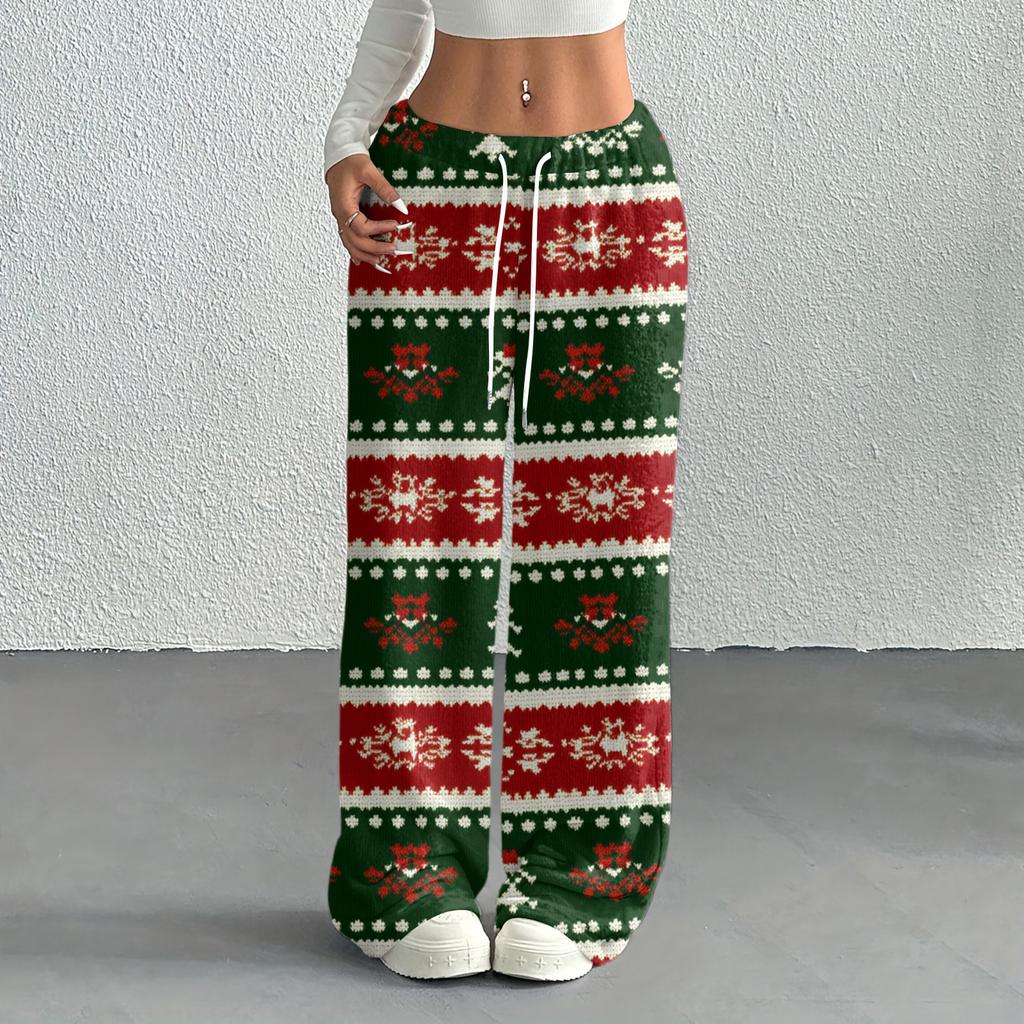 Women's Casual Fashion Printed Elastic Waist Loose Straight Leg Pants With Rope