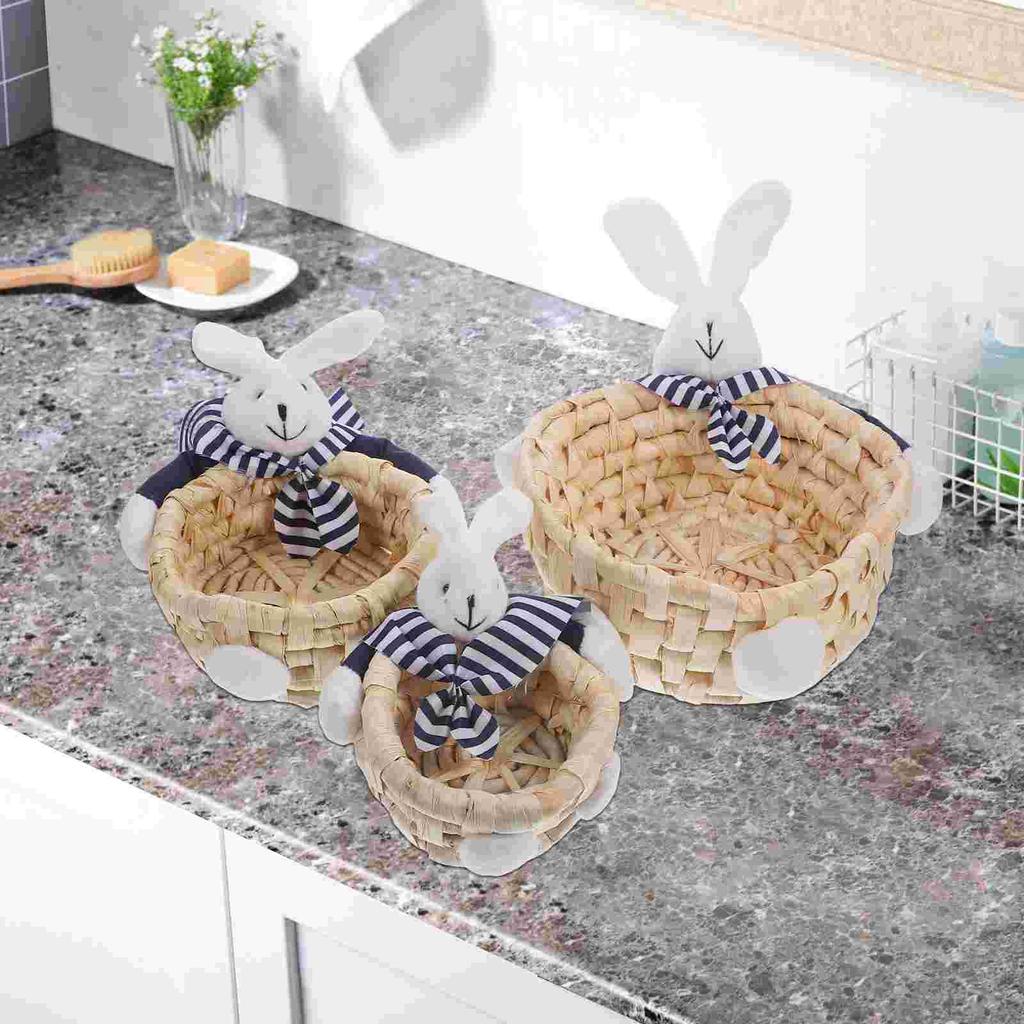 3 Pcs White Basket Rabbit Storage Nesting Bin Straw Sundries Woven Yellow Handmade