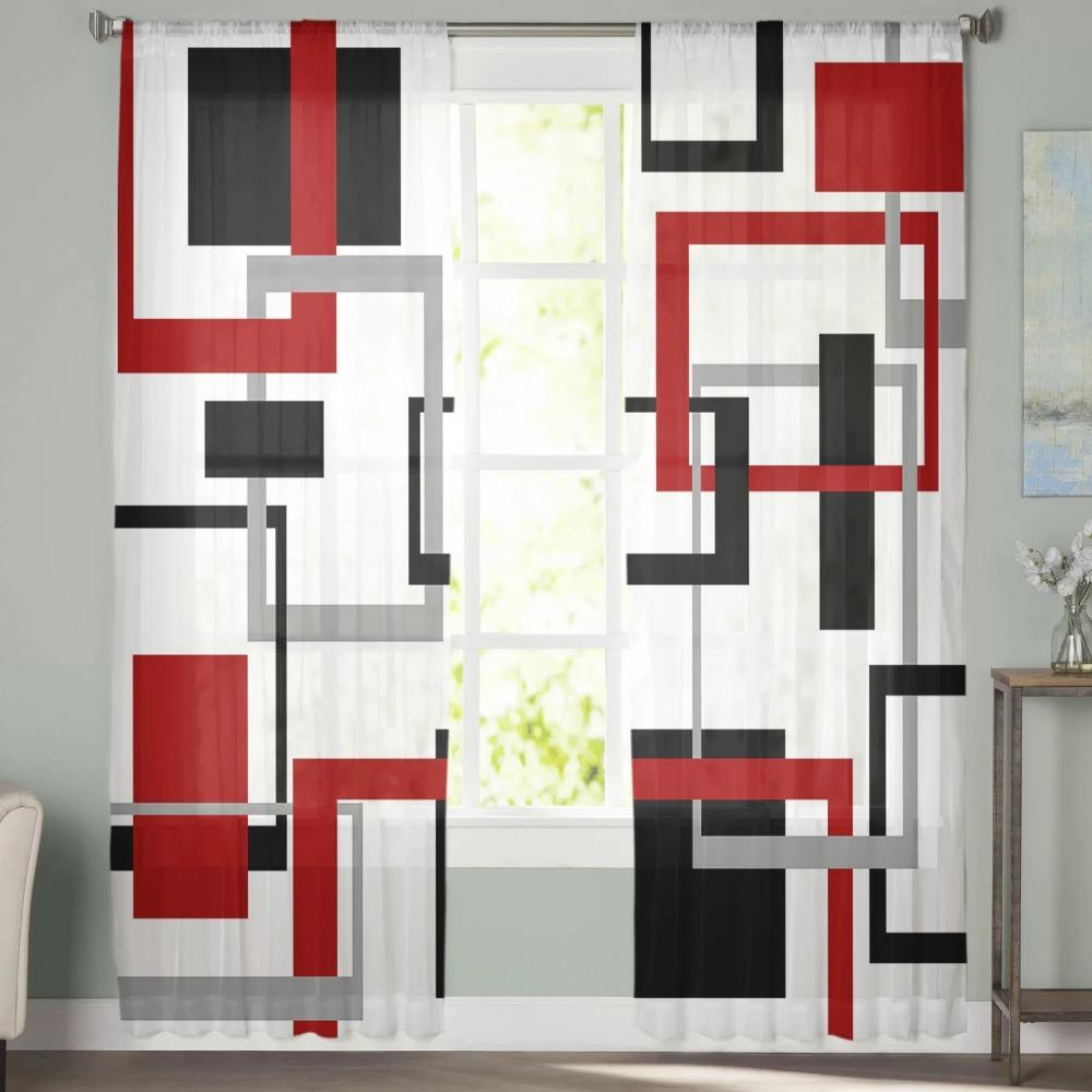 Abstract Geometric Squares Art Black Red Translucent Curtain Living Room Printed Tulle Window Drape Elegant Luxury Home Balcony Decor Curtains