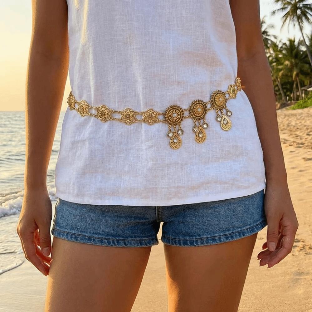 Metal Flower Belly Chains Rhinestone Hollow Out Belt New Waist Chain  Women