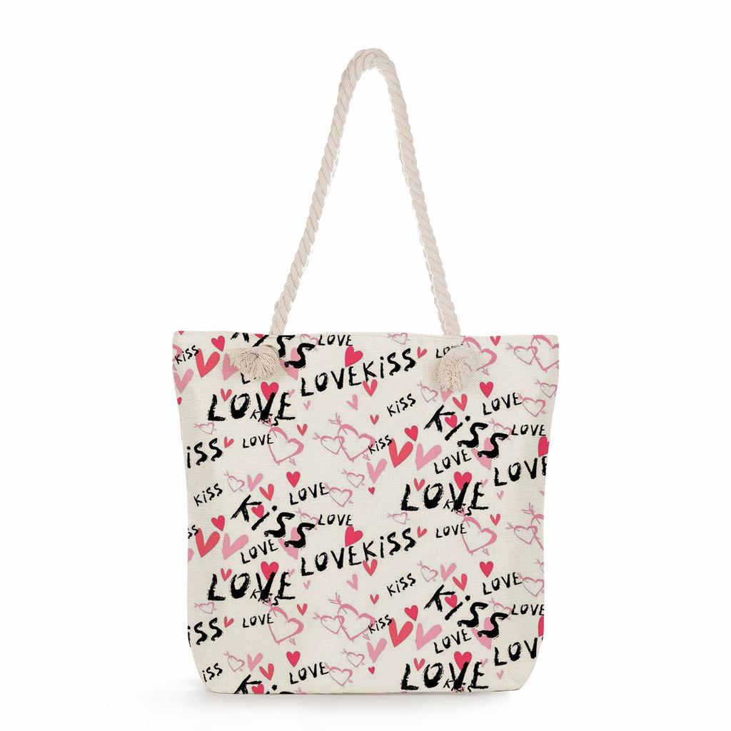 Multifunctional Valentine's Day Printed Thick Rope Shoulder Beach Bag Casual Large Capacity Handbag 0122