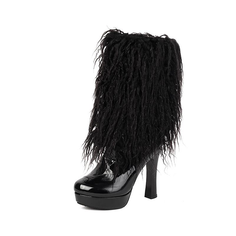 

Plus Size Shiny Patent Leather Material Tassel Decal Women s Mid Length Boots Sweet Style Back Zipper Fashion High Heels Boots 34 чорний