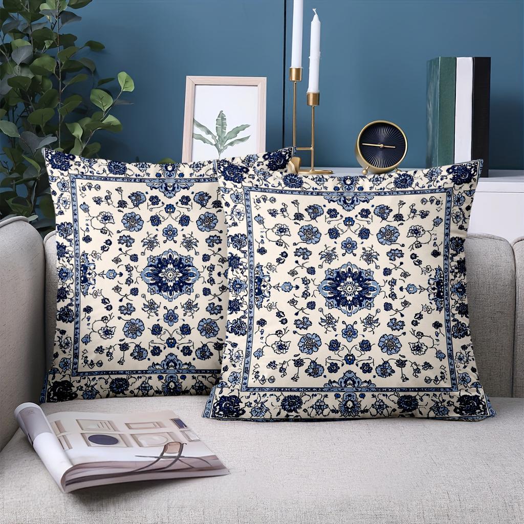 1 piece of blue and white floral pattern decorative pillow, polyester fiber pillowcase, sofa cushion, headboard pillow